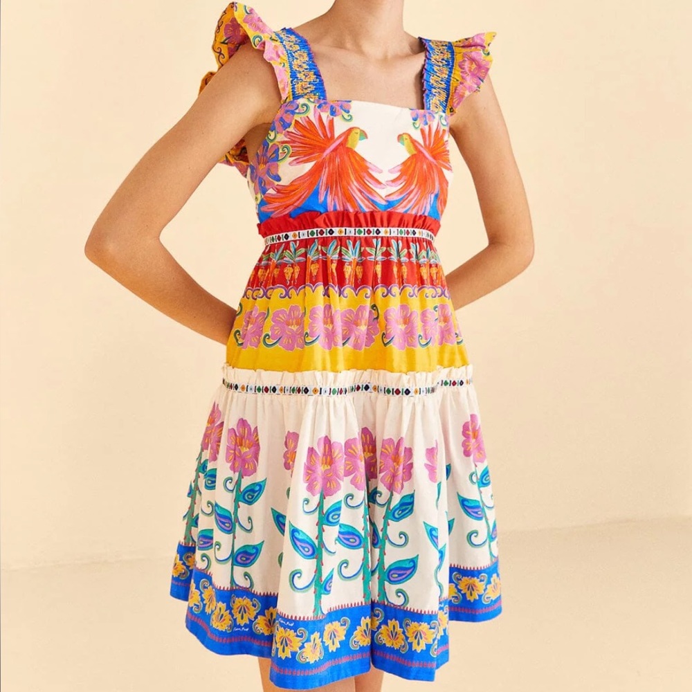 FARM Rio Off-White Vivid Garden Organic Cotton Mini Dress